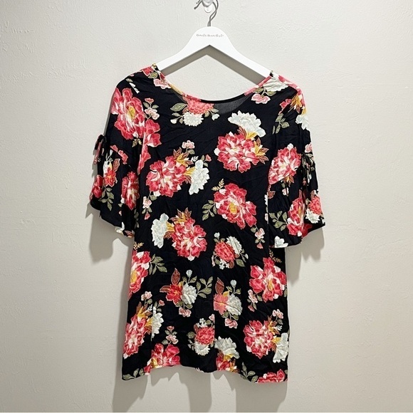 BILLABONG Girls Black Floral Print ALWAYS ON VACATION Rayon Dress Bell Sleeve L - Picture 2 of 9